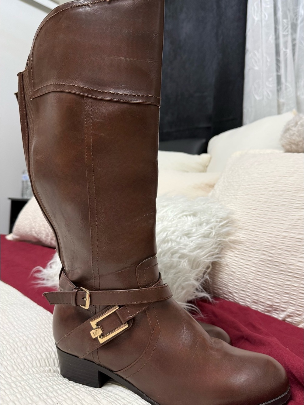 Liz Claiborne Brown Leather Mid-Calf Riding Boots with Gold Buckle
